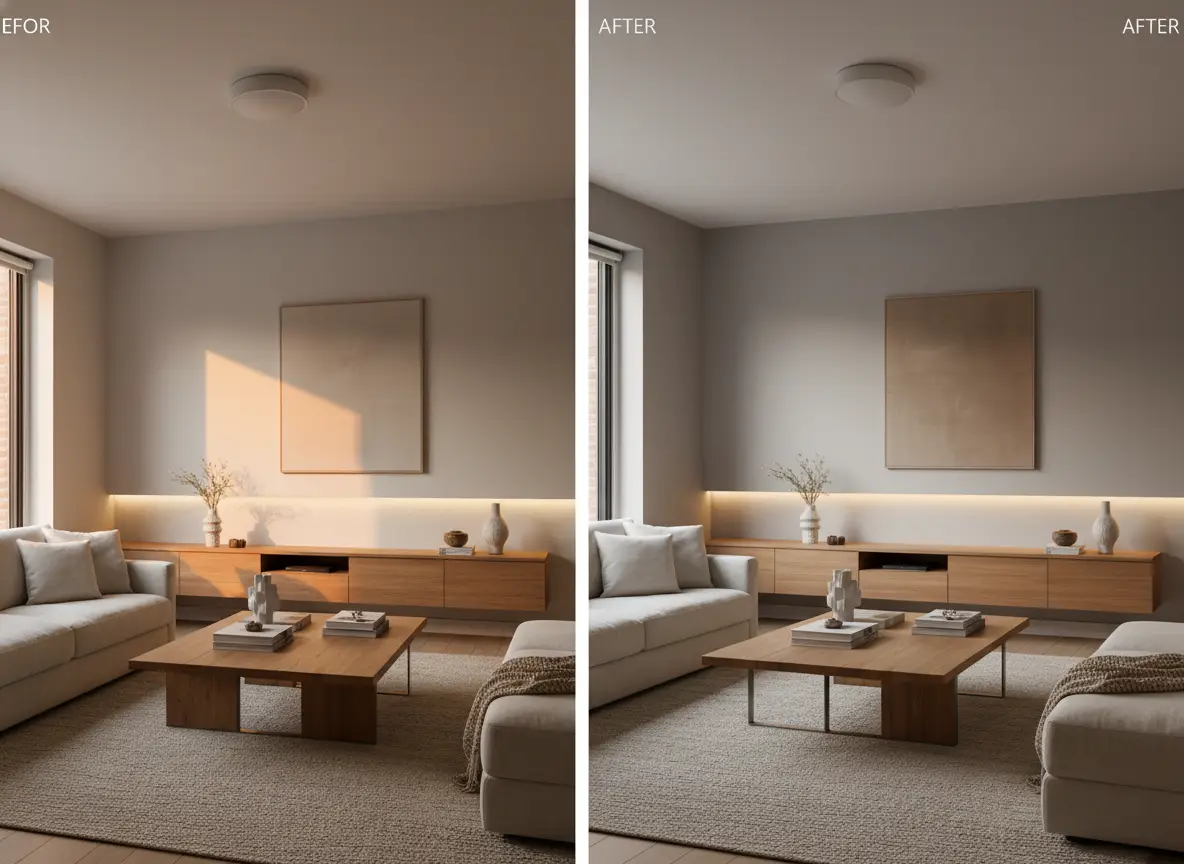 A quick living-room refresh edit with warmer materials and a sleeker styling approach.