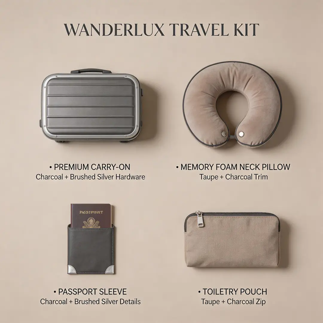 A travel kit concept board featuring coordinated items, polished materials, and a neat review layout.